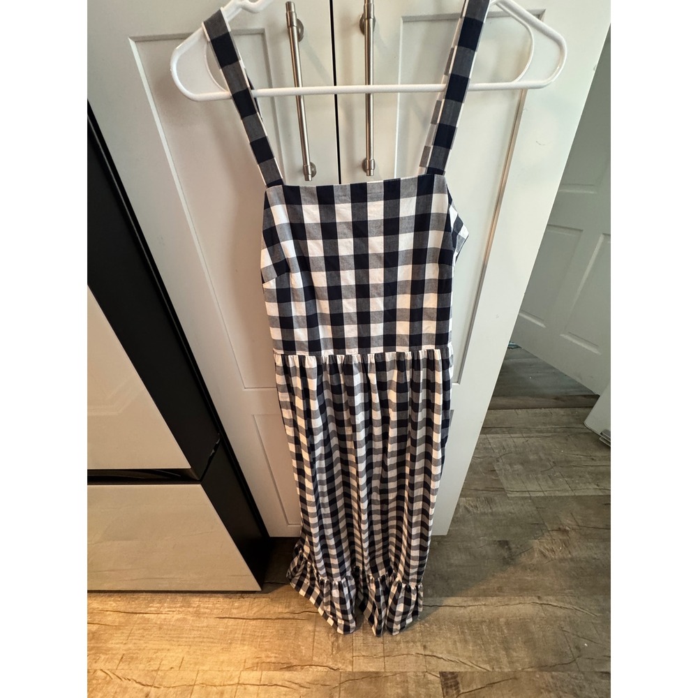 J. Crew Navy White Gingham Plaid Smocked Midi Dress Ruffle Hem Pockets XS - Picture 2 of 6
